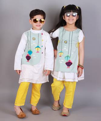 Multicolor printed cotton silk Boy's Kurta Pyjama 4