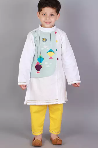 Multicolor printed cotton silk Boy's Kurta Pyjama