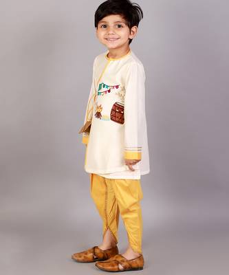 White printed cotton silk Boy's Kurta Pyjama 3