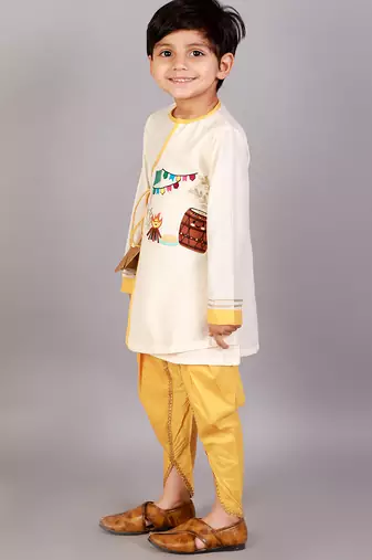 White printed cotton silk Boy's Kurta Pyjama