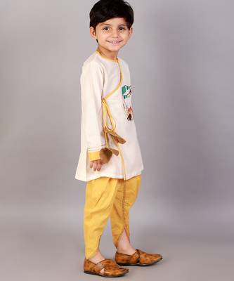 White printed cotton silk Boy's Kurta Pyjama 4