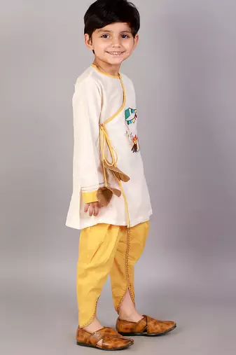 White printed cotton silk Boy's Kurta Pyjama