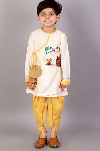 White printed cotton silk kurta pyjama