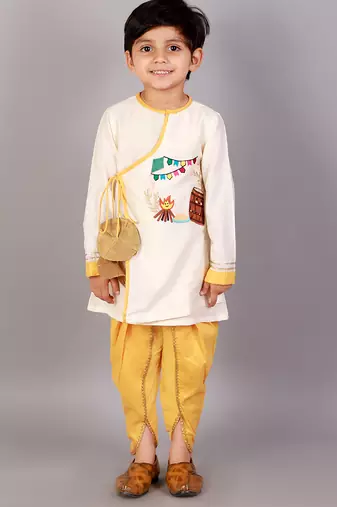 White printed cotton silk kurta pyjama