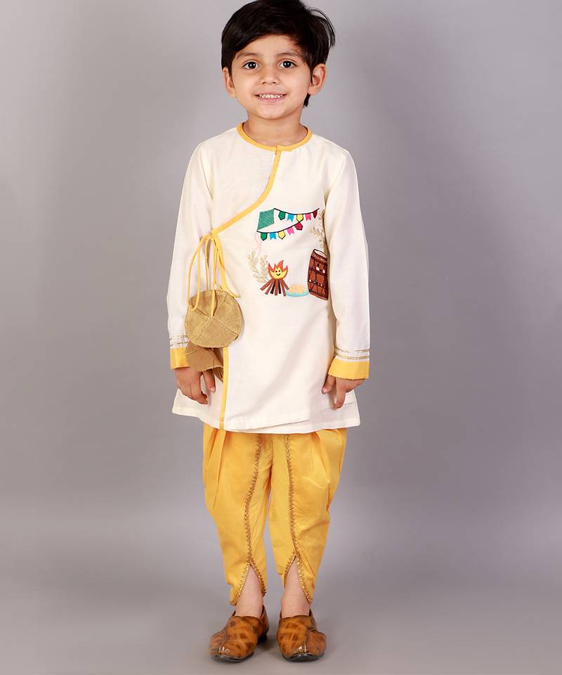 White printed cotton silk kurta pyjama