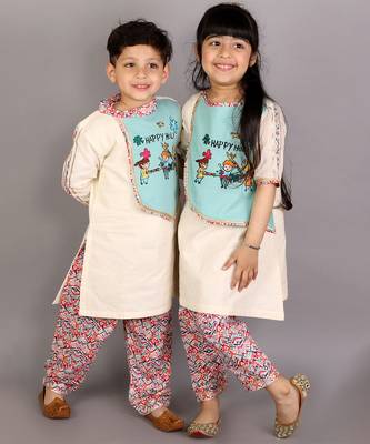 White printed cotton Boy's Kurta Pyjama 2