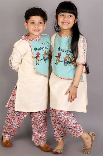 White printed cotton kurta pyjama