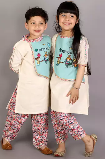 White printed cotton kurta pyjama