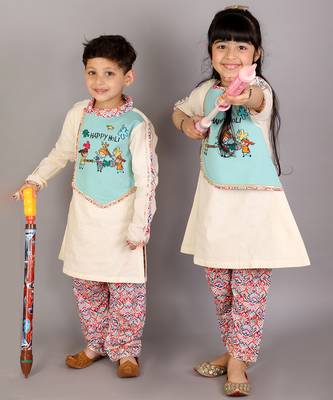 White printed cotton Boy's Kurta Pyjama 3