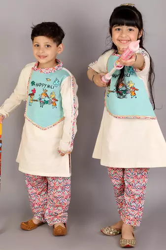 White printed cotton Boy's Kurta Pyjama