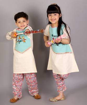 White printed cotton Boy's Kurta Pyjama 4