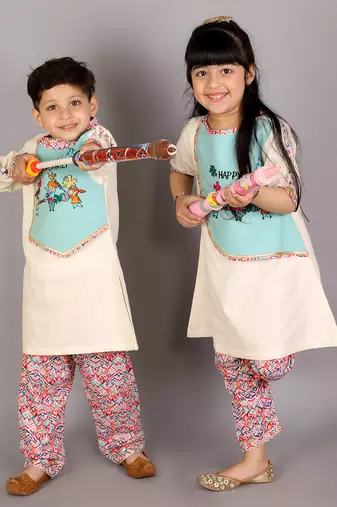 White printed cotton Boy's Kurta Pyjama