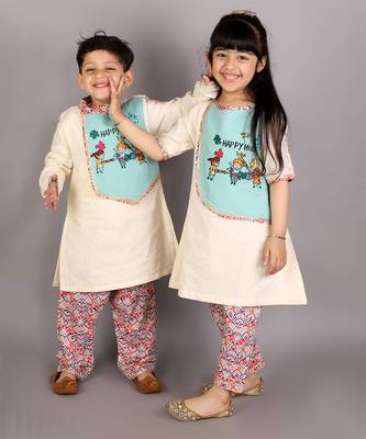 White printed cotton Boy's Kurta Pyjama 5