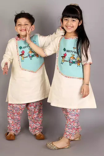 White printed cotton Boy's Kurta Pyjama