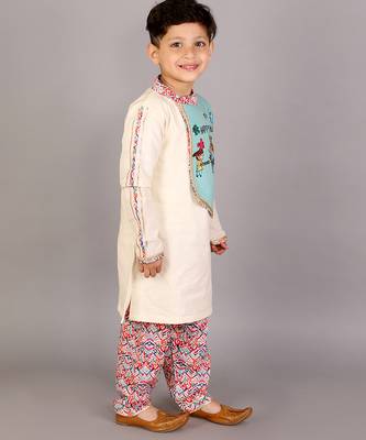White printed cotton Boy's Kurta Pyjama 1