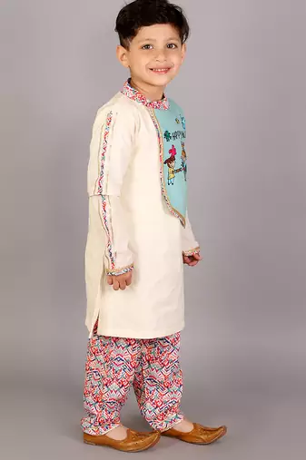 White printed cotton kurta pyjama