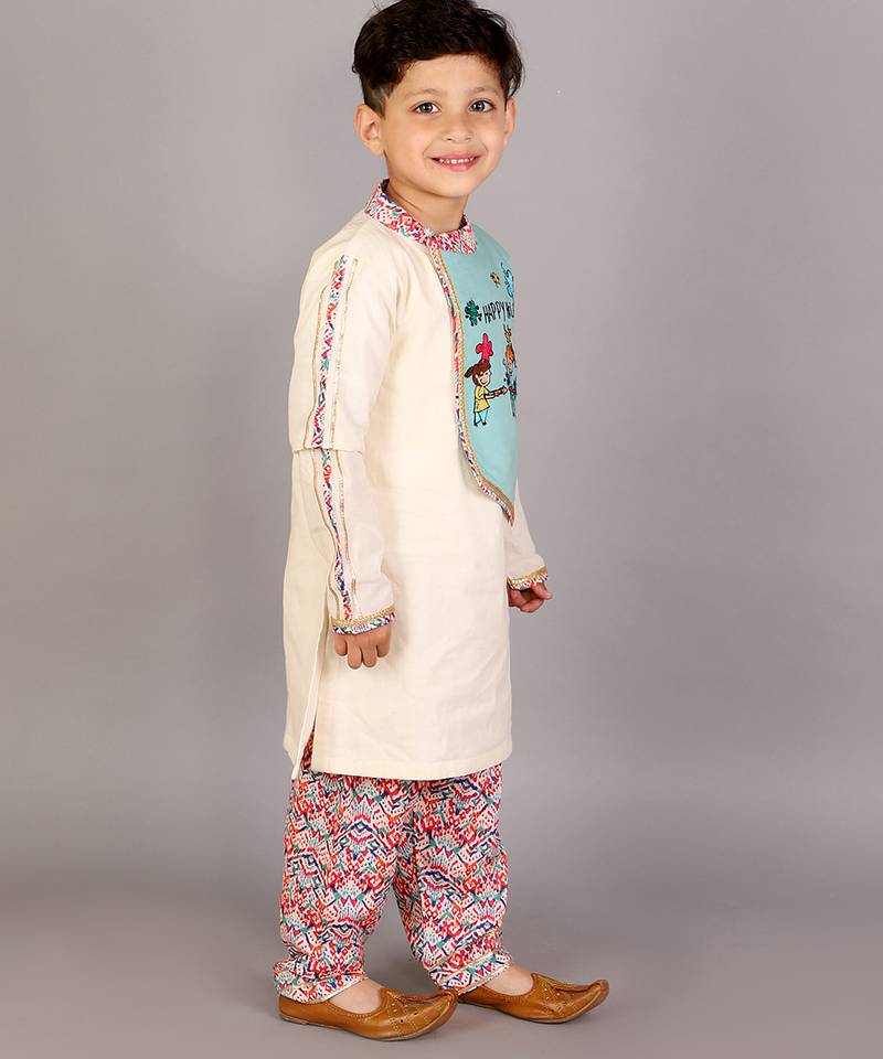 White printed cotton kurta pyjama