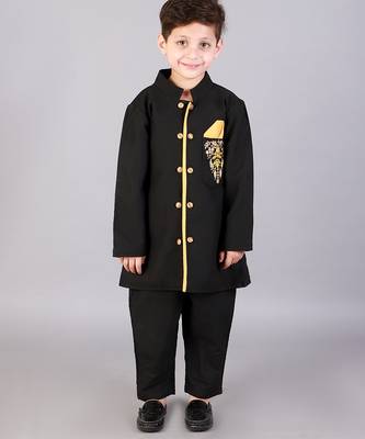 Black printed cotton silk Boy's Bandhgala and Pant 1