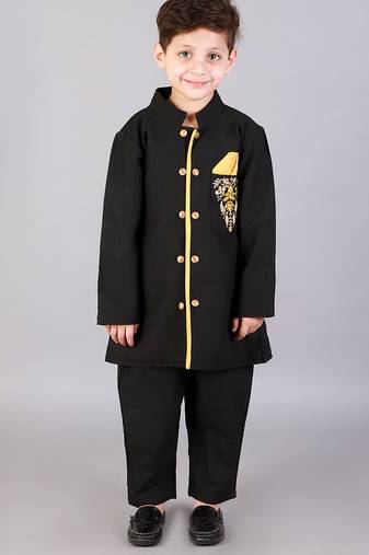 Black printed cotton silk bandhgala set