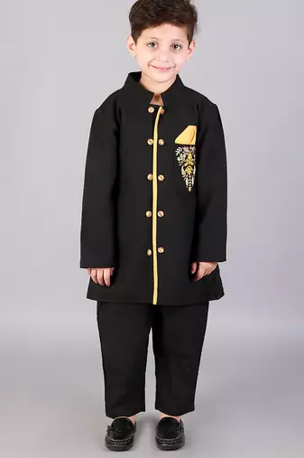 Black printed cotton silk bandhgala set