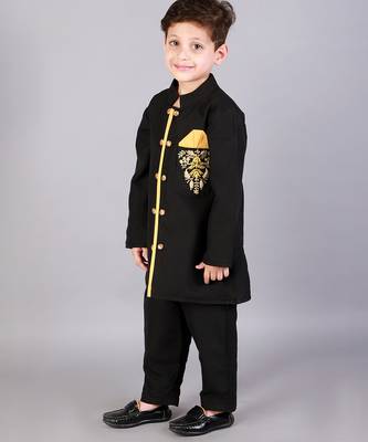 Black printed cotton silk Boy's Bandhgala and Pant 2