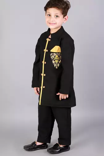 Black printed cotton silk bandhgala set