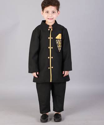 Black printed cotton silk Boy's Bandhgala and Pant 3
