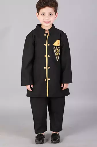 Black printed cotton silk bandhgala set