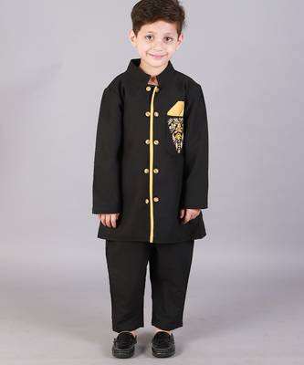 Black printed cotton silk Boy's Bandhgala and Pant 4