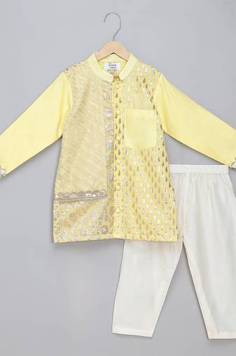 Yellow printed cotton silk kurta pyjama