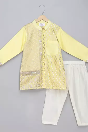 Yellow printed cotton silk kurta pyjama