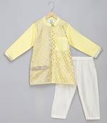 Yellow printed cotton silk kurta pyjama
