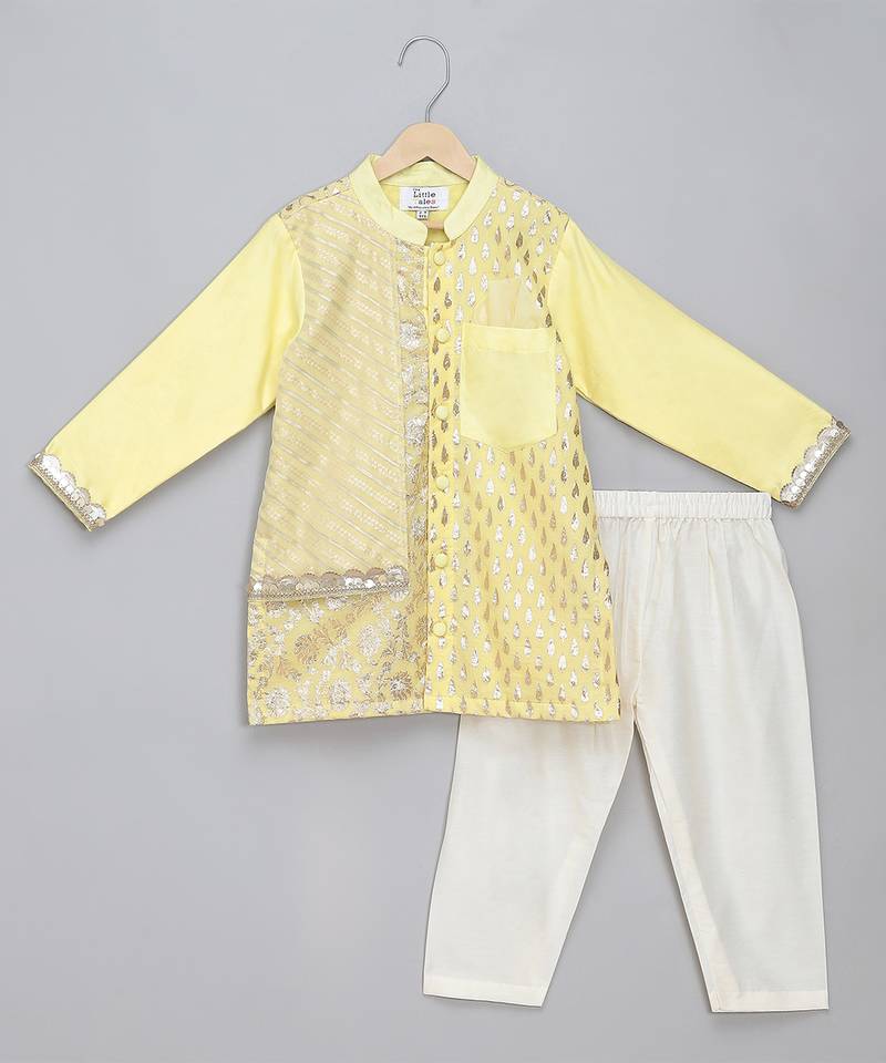 Yellow printed cotton silk kurta pyjama
