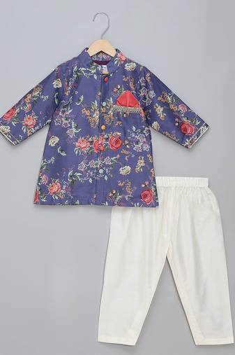 Purple printed cotton silk kurta pyjama