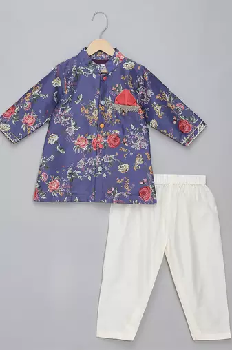 Purple printed cotton silk kurta pyjama