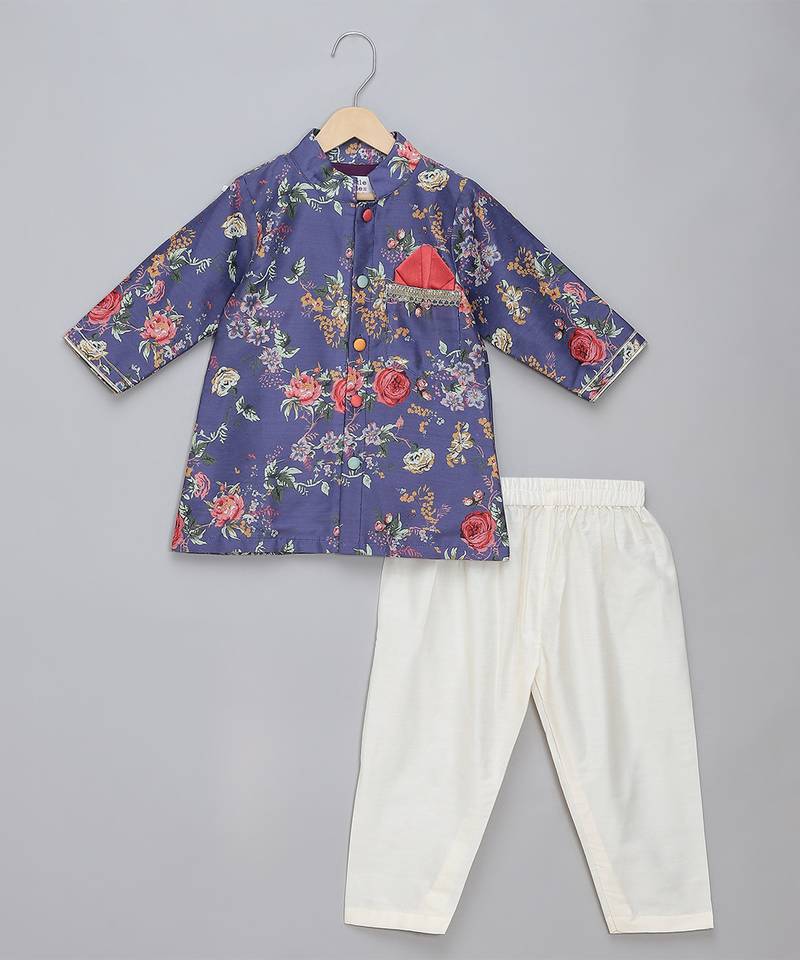 Purple printed cotton silk kurta pyjama