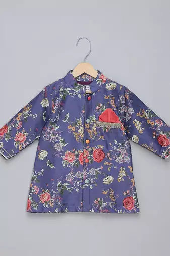 Purple printed cotton silk Boy's Kurta Pyjama