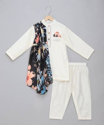 White printed cotton silk Boy's Kurta Pyjama 1