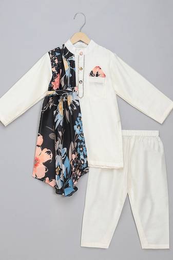 White printed cotton silk kurta pyjama