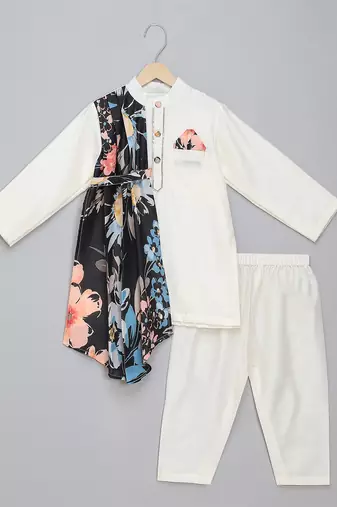 White printed cotton silk kurta pyjama