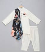 White printed cotton silk kurta pyjama