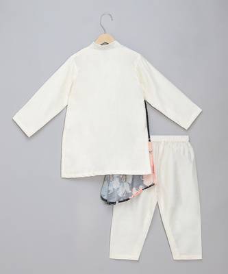 White printed cotton silk Boy's Kurta Pyjama 2
