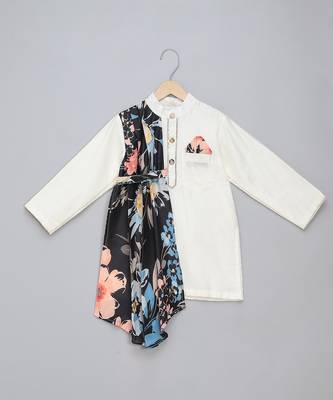 White printed cotton silk Boy's Kurta Pyjama 3