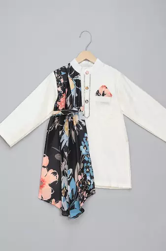 White printed cotton silk Boy's Kurta Pyjama