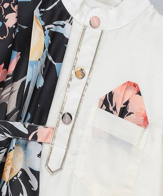 White printed cotton silk Boy's Kurta Pyjama 5