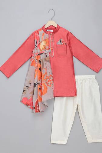 Red printed cotton silk kurta pyjama