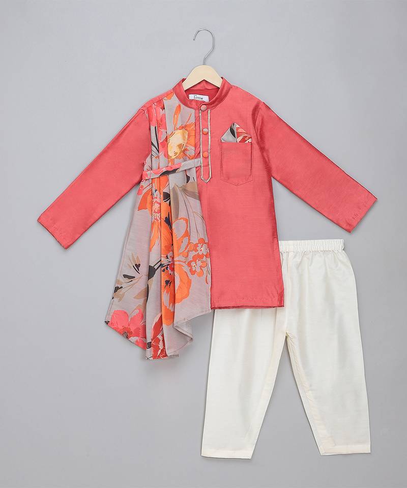 Red printed cotton silk kurta pyjama