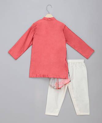 Red printed cotton silk Boy's Kurta Pyjama 2