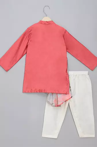 Red printed cotton silk Boy's Kurta Pyjama