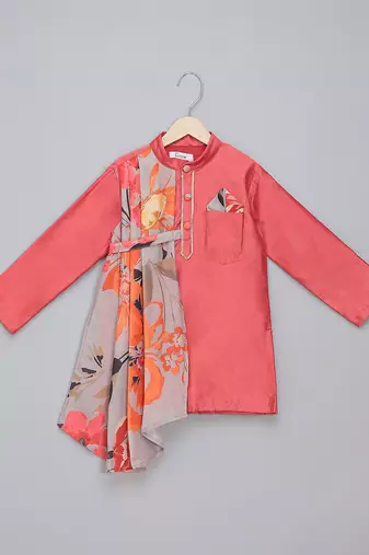 Red printed cotton silk Boy's Kurta Pyjama